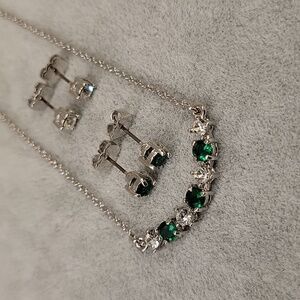 AVON Silver Tone May Birthstone Necklace and Earrings Set Emerald Green